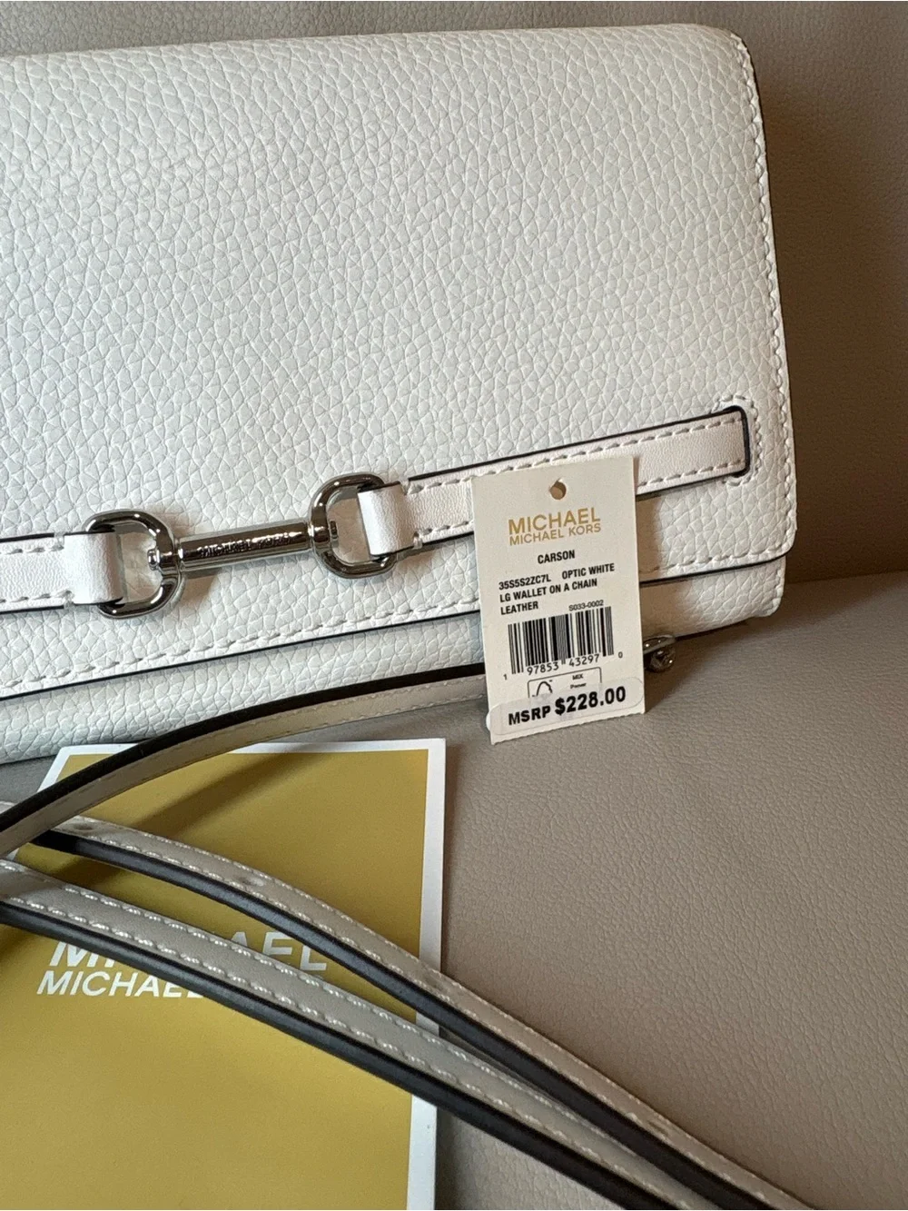 MICHAEL Michael Kors Optic White Leather Crossbody Clutch with Silver Chain